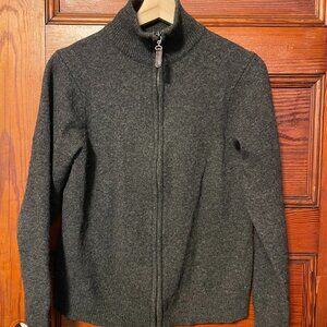 Womens 100% Lambswool Sweater with Ribbed Collar Full Zip Cozy Size Medium Gray